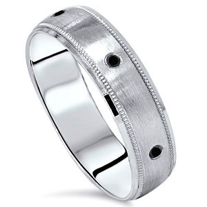 Mens Black Diamond Brushed Wedding Band 6MM Ring 10K White Gold