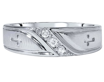 Mens Diamond Cross Wedding Ring Band 10K White Gold Size 7-12 High Polished Mans Anniversary Band White Gold