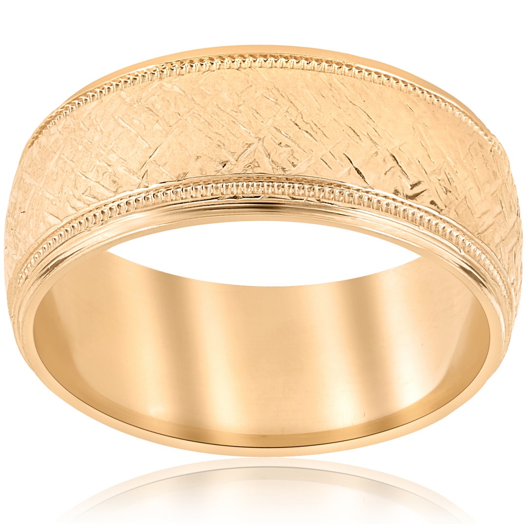 Yellow Gold Mens Wedding Band 8MM Etched Finish Comfort Fit Polished ...