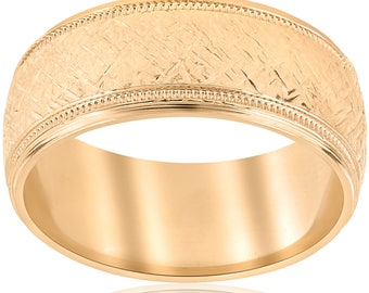 Yellow Gold Mens Wedding Band 8MM Etched Finish Comfort Fit Polished With Hand Carved Detail Solid Yellow Gold Mans Ring