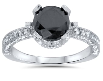 Engagement Ring 2.85 cttw Black And White Diamond Vintage Antique Style Engagement Ring 14K White Gold