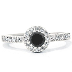 Engagement Ring Diamond 1.00 ct Black & White Diamond 14K White Solid Gold Bridal Engagement HALO Ring image 1