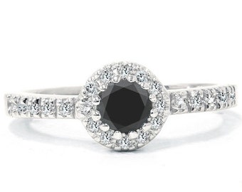 Engagement Ring Diamond 1.00 ct Black & White Diamond 14K White Solid Gold Bridal Engagement HALO Ring