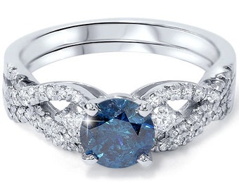 Engagement Ring Blue & White Diamond 1.75CT Infinity Engagement Ring Set 14K White Gold