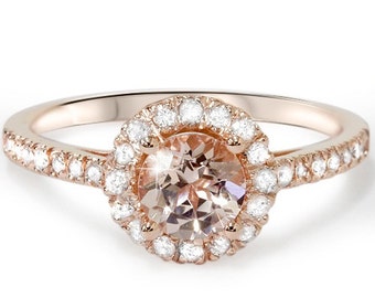 Morganite Diamond Ring 1.20Ct Morganite & Diamond Halo Engagement Ring 14K Rose Gold - Band Size 4-9