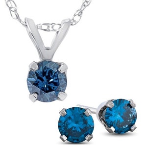 3/4CTW Blue Diamond Solitaire Pendant And Studs Set 10K White Gold And Chain