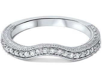 Curved .15CT Diamond Wedding Ring 14K White Gold