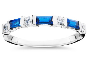 Diamond & Baguette Blue Sapphire Womens Wedding Stackable Anniversary Ring 14 Karat White Gold