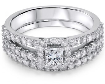 1.25CT Princess Cut Diamond Split Shank Halo Engagement Ring Set 10K White Gold  Size (4-9)
