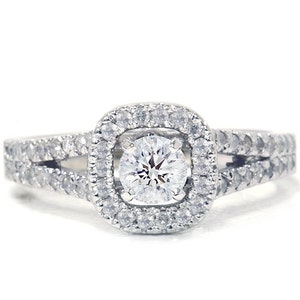Engagement Ring Diamond Pave .90ct Halo Diamond Engagement Ring 14K White Gold image 1