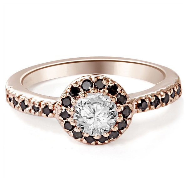 Engagement Ring Diamond 14K Rose Gold .93CT Vintage Black & White Real Diamond Engagement Vintage Pave Halo Ring (4-11)