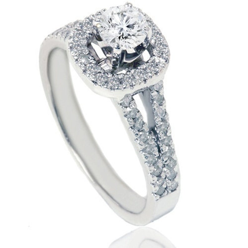 Engagement Ring Diamond Pave .90ct Halo Diamond Engagement Ring 14K White Gold image 2