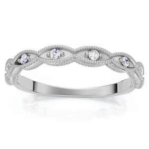 Anillo de boda de diamantes con diseño antiguo, oro de 14k, banda apilable con diamantes cultivados en laboratorio.