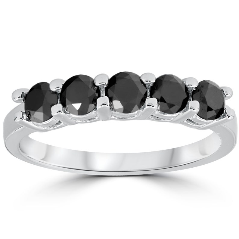 1ct Five Stone Black Diamond Wedding Ring 14K White Gold Black,