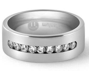 Men's Brushed Titanium 8mm Ring Moissanite Wedding Band