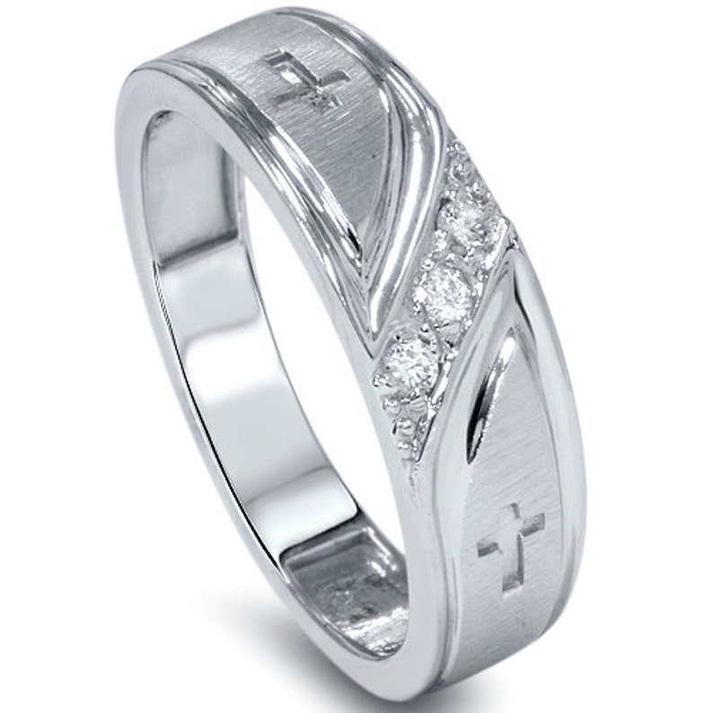 Mens Diamond Cross Wedding Ring Band 10K White Gold Size 7