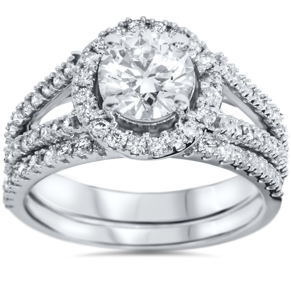 1.75 cttw Split Shank Halo Diamond Engagement Wedding Ring Set | Etsy