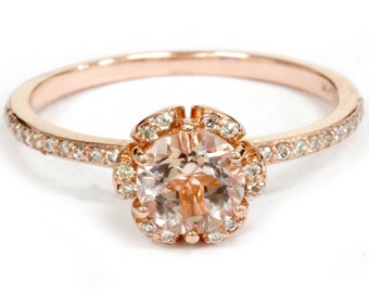 Morganite Rose Gold Diamond Ring 1.50CT Morganite & Diamond Floral Halo Engagement Ring 14K Rose Gold - Size 4-9