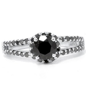 Black Diamond Engagement Ring 1.60CT Black Diamond & Black Spinel Halo Split Shank Engagement Ring 14K White Gold