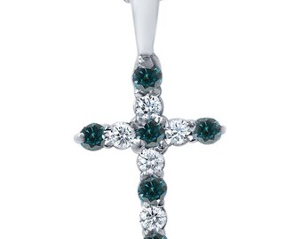 1/2CT Blue & White Diamond Cross Pendant 14K White Gold