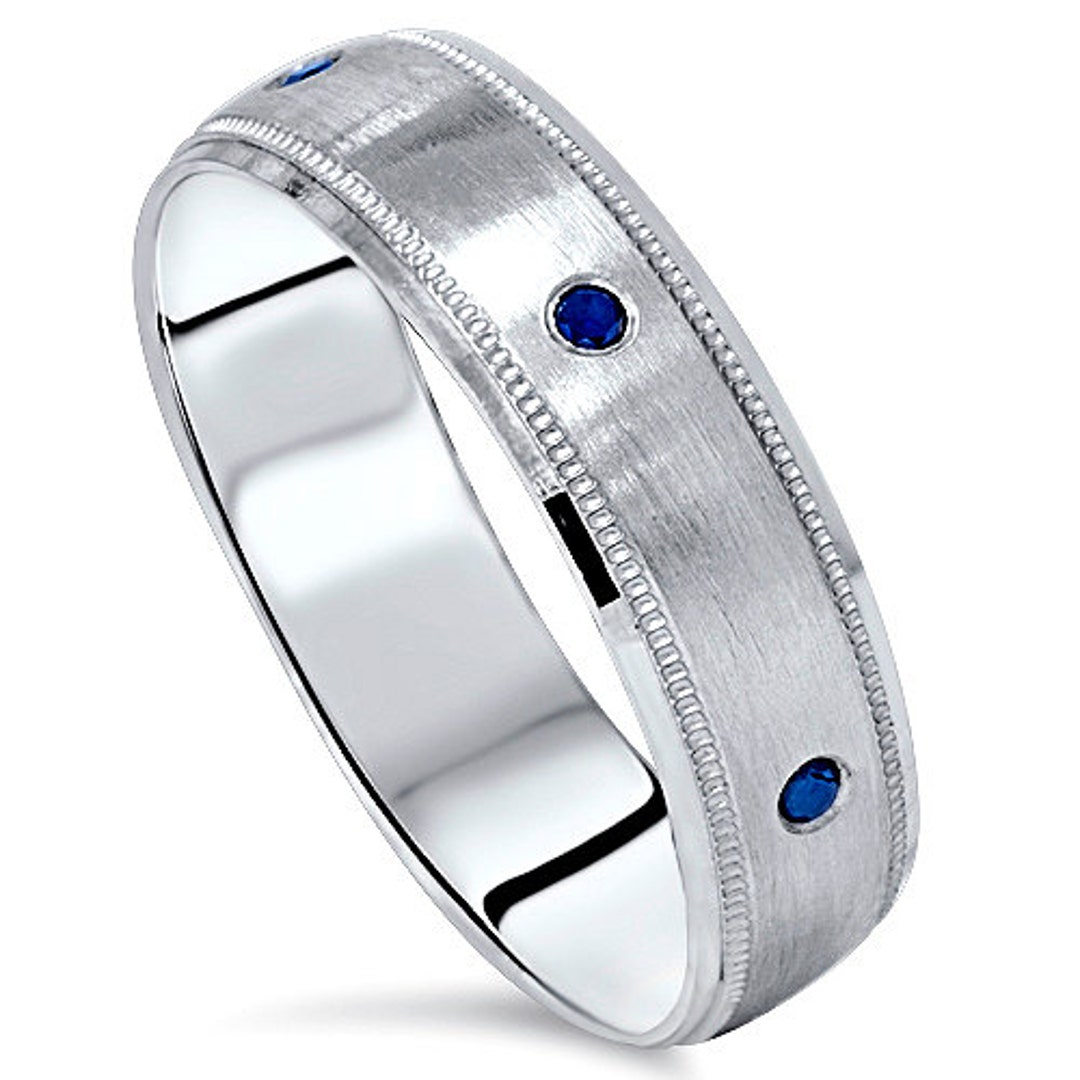 Mens Blue Diamond Brushed Wedding Band 6MM Ring 10K White Gold - Etsy