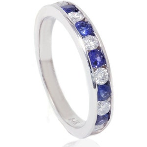 Blue Sapphire & Round Diamond .75CT Channel Set Wedding Anniversary Stackable Ring 14K White Gold SZ (4-9)