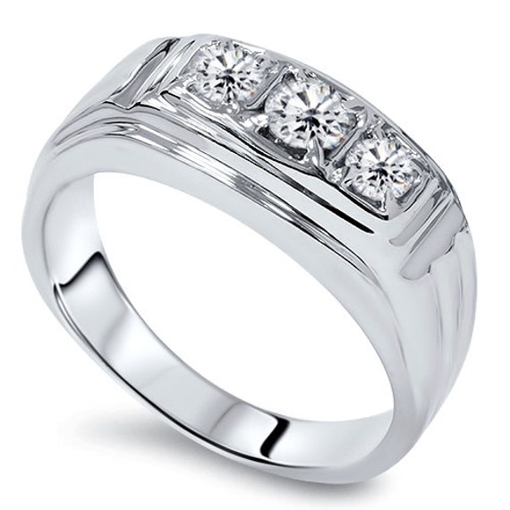 3-piedra del anillo para hombre .80CT boda banda oro blanco de Etsy México