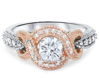 Engagement Ring Round .64CT Diamond Vintage Halo Engagement Ring 14K White & Rose Gold