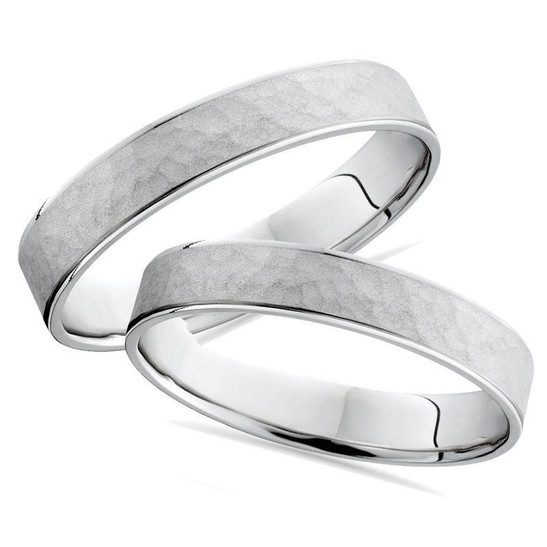 Matching Hammered Wedding Ring Band White Gold Set 14K image 1