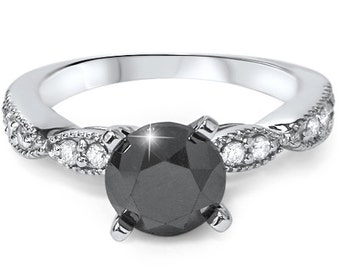 2.55CT Black Diamond Engagement Ring Vintage Antique Milgrain Style 14K White Gold Deco Size 4-9