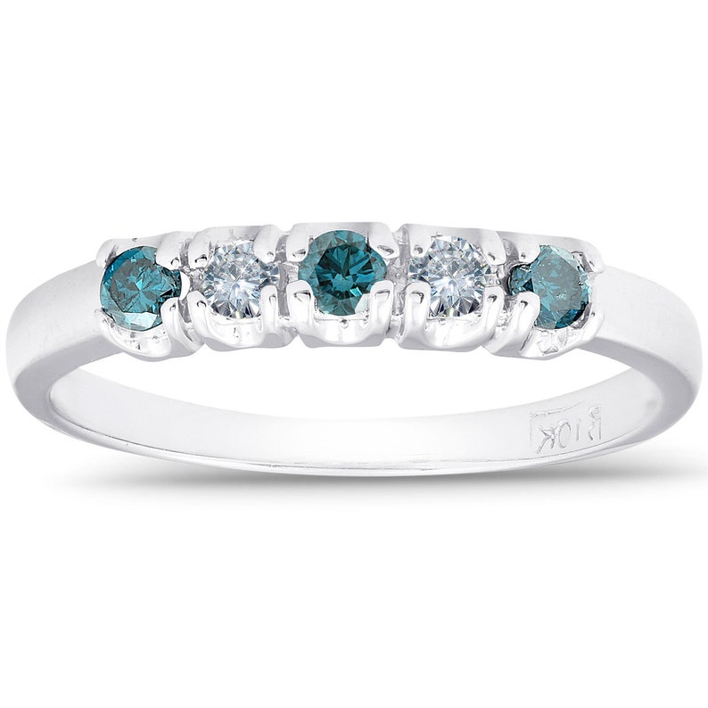 GH, I1-I2 Treated Blue /& White Diamond 5-Stone Wedding Womens Ring 10K White Gold 14ct