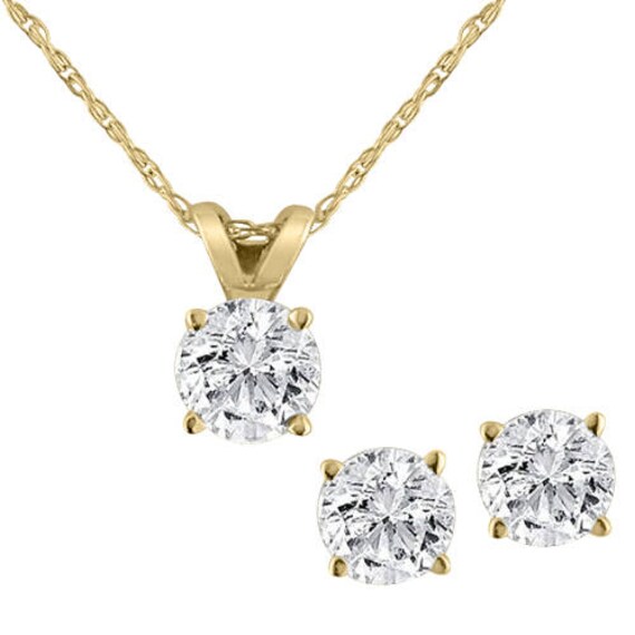 Diamond Solitaire Necklace Studs Earrings Set 3 4 Carat 14K