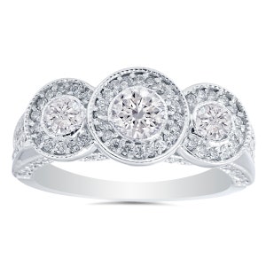 Engagement Ring 1.00 cttw Vintage 3 Stone Diamond Ring Engagement Bezel Anniversary Pave 14K White Gold Size, Diamond Ring,  4-9