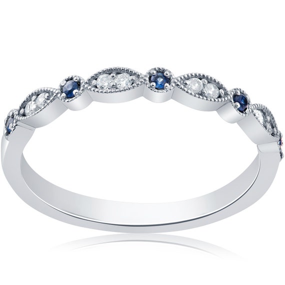 Art Deco Diamond Stackable Ring Blue Sapphire Diamond Wedding Ring White Gold Blue Sapphire Vintage Diamond Wedding Band Stackable Band