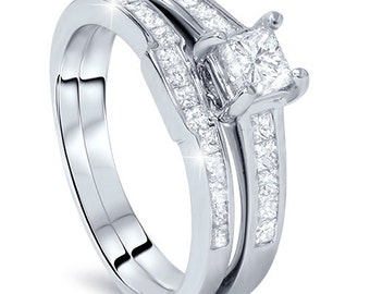 1.10CT Princess Cut Channel Set Diamond Engagement Ring & Matching Wedding Band Bridal Set 14 KT White Gold