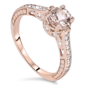 Morganite Rose Gold Diamond Ring Rose Gold Morganite Engagement Ring 1.25CT Vintage Antique Engraved Filigree Engagement Anniversary Ring