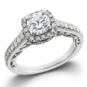 Diamond Engagement Ring, Vintage Diamond Engagement Ring, Cushion Halo Diamond Engagement Ring .85CT Cushion Filigree Unique 14K White Gold