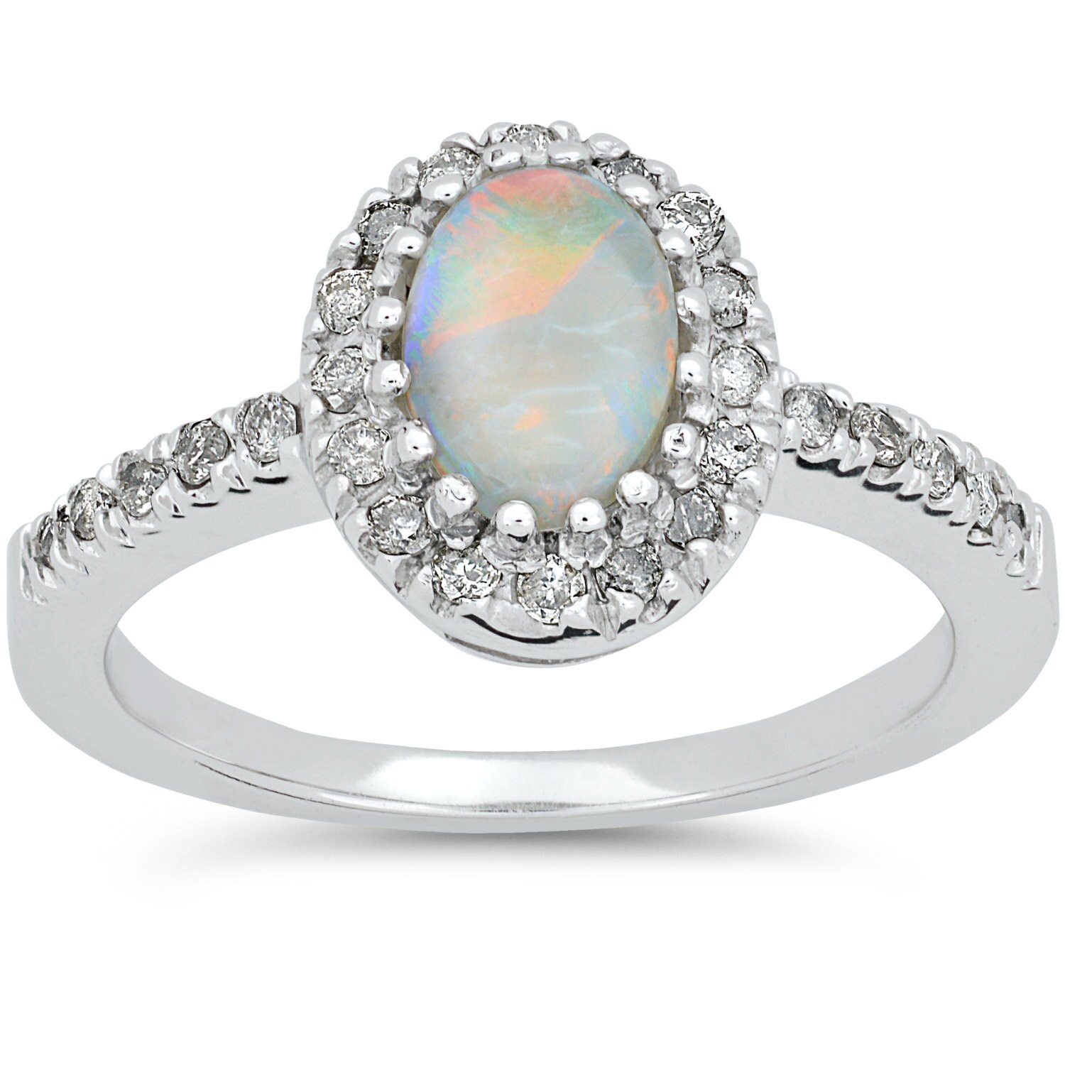 Oval Opal And Diamond Halo Ring 14K White Gold 3/4ct Real | Etsy