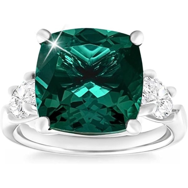 P3 POMPEII3 7.55Ct Green Cushion Emerald & Marquise Three Stone Ring 14k Gold lab Grown