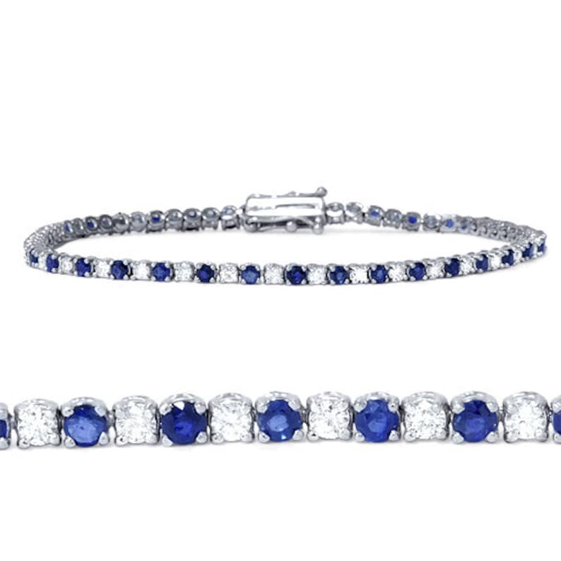3.00CT Blue Sapphire & Diamond Tennis Bracelet 14k White Gold Etsy