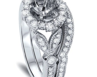 Diamond Engagement Ring Setting, Vintage Halo Diamond Engagement Mounting Round .55CT Diamond Halo Vintage Engagement Mount Set 950 Platinum