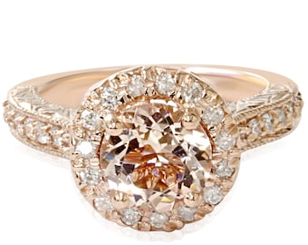 Morganite Diamond Ring 2.20CT Morganite & Diamond Engagement Ring 14K Rose Gold Vintage Antique Band Size 4-9