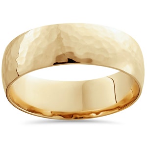 Mens 7MM Hammered High Polished 14 Karat Yellow Gold Wedding Ring Band Size (7-12)