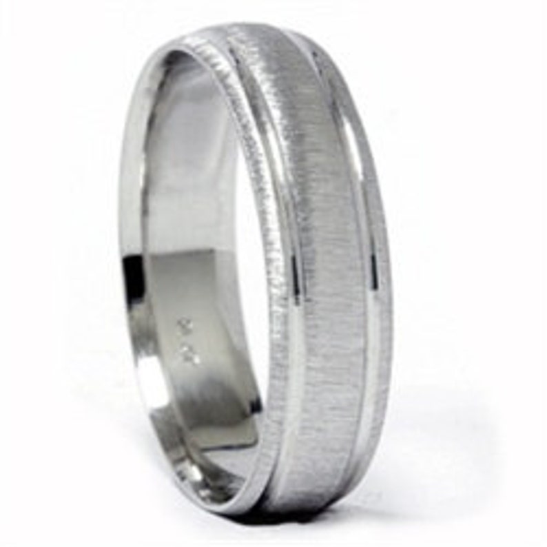 Brushed Wedding Band Mens 14k White Gold Ring 6MM Double