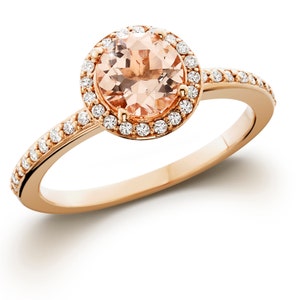 Rose Gold Morganite Diamond Engagement Ring, Rose Gold Halo Diamond Ring 1CT Morganite Pave Halo Engagement Vintage Antique Ring Band 14 kt