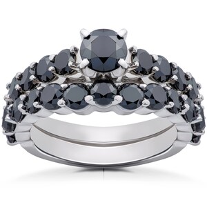 Black Diamond Engagement Ring 2 ct Black Diamond Wedding Ring Matching Band Engagement Ring Set 14k White Gold