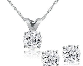 Diamond Solitaire Necklace And Studs Earrings Set .85 Carat Total Weight 14K White Gold