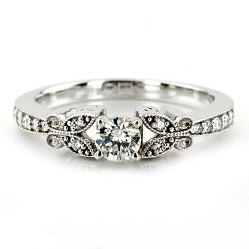 Diamodn Engagement Ring, Vintage Diamond Engagement Ring 1.00CT Diamond Vintage Engagement Ring Antique Style Unique Milgrain 14K White Gold image 1