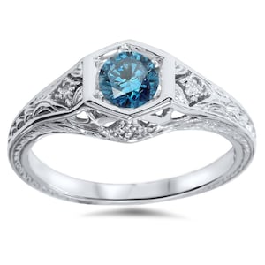 Engagement Ring Diamond Blue Diamond .40CT Art Deco Engagement Ring Antique Vintage 14K White Gold