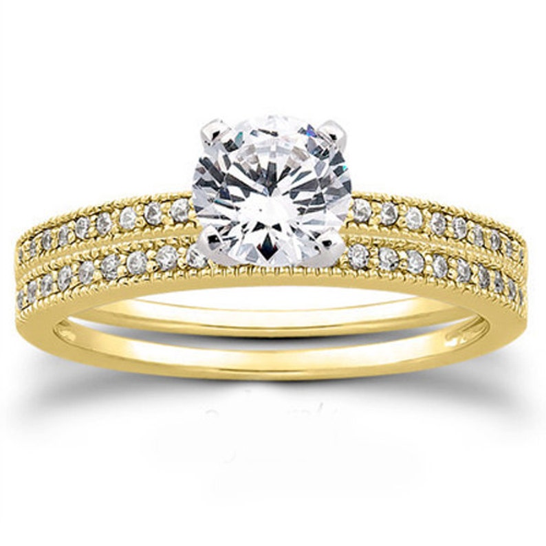 1.00CT Diamond Engagement Ring Set Matching Wedding Guard Band 14K Yellow Gold image 1